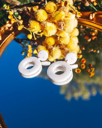 deux boucles d'oreilles fantaisie composées d'un rond et un grand cercle, en argile polymère blanc avec des point noirs incrustés, avec des anneaux dorés en acier inoxydable, posées sur un miroir qui reflète le ciel bleu