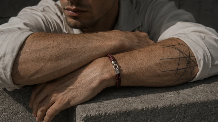 Bracelet L'Ancrage porté au poignet, avant-bras posé sur un genou relevé — Maison Moka