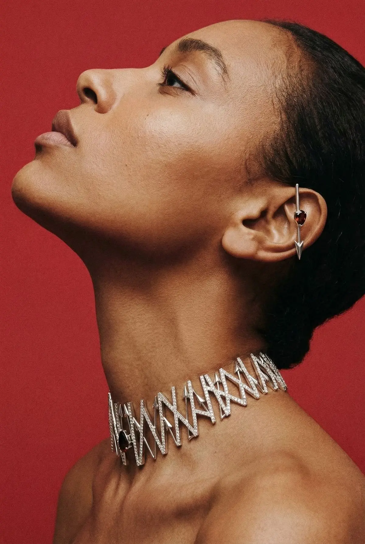 Femme de profil sur fond rouge, portant un ras-de-cou et une boucle d'oreille en argent